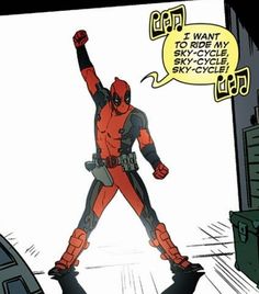 a deadpool is standing in the middle of an alley with his arms up and one hand raised