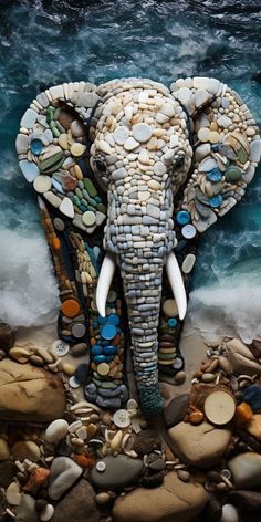 an elephant made out of rocks and stones on the beach