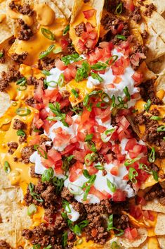 nachos topped with cheese, meat and sour cream