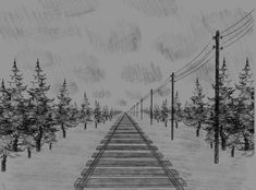 a pencil drawing of a train track surrounded by trees and power lines in the distance