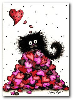 a black cat sitting on top of a pile of hearts