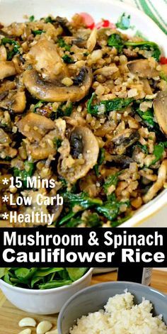 mushroom and spinach cauliflower rice in a white bowl on a wooden table