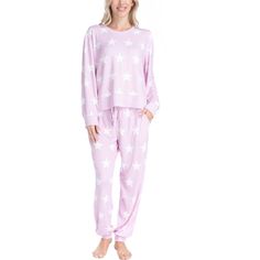 The Ocean Pacific Fuzzy Feelings Pajama Set includes a long sleeve pajama top and full length jogger pants with matching ribbed trim. This relaxed fit set is made with our butter knit fabric for the ultimate cozy set whether you're going straight to bed or lounging around the house. Purple Stars, Family Pajama Sets, Flannel Pajama Sets, Matching Family Pajamas, Womens Pyjama Sets, Sleep Set, Fashion Joggers, Pajama Bottoms, Pajama Shirt