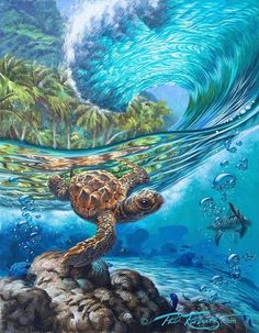 a painting of a turtle swimming in the ocean