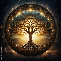 the tree of life is surrounded by stars and light in this artistic painting, it appears to be glowing