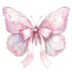 a pink butterfly with white wings and a light pink ribbon on it's back