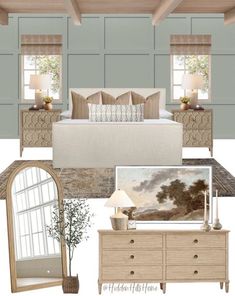 the interior of a bedroom with furniture and decor on it, including a bed, dresser, mirror, table, lamp, and painting