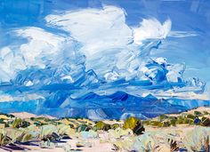 an oil painting of clouds in the sky over a desert area with trees and bushes