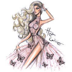 a drawing of a woman in a dress with butterflies on her head and long hair