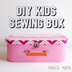 a pink suitcase with the words diy kids sewing box