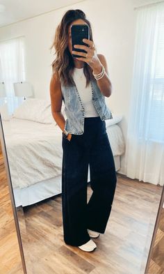 Chic and Comfortable! Denim vest, wide leg pants, sneakers, black and white, fall outfit, ootd, new balance sneakers, neutral, casual mom, walmart pants. #walmartfashion #amazonfashionfinds #sneakers #casual #fall #falloutfitsforwomen #comfy #denim #widelegtrousers Dressy Pants With Sneakers, Comfy Casual Work Outfits Fall, Black Wide Leg Denim Outfit, Casual Jeans Outfit Summer Sneakers, Black Casual Wide Leg Pants, Wide Leg Yoga Pants Outfit Casual, Wide Leg Jeans Sneakers Outfit, Black Vest Outfit Fall, Wide Leg Jeans Outfit With Sneakers