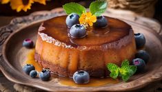 a cake on a plate with blueberries and syrup