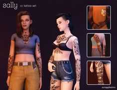 two women with tattoos on their arms and stomachs are standing next to each other