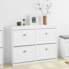 Haotian FSR79-W, White Shoe Cabinet with 4 Flip Drawers, Freestanding Shoe Rack, Cupboard Organizer Unit Image 1 Shoe Storage Cupboard, Wood Shoe Storage, Storage Bench Bedroom, Wood Shoes, Hall Tree, Hallway Furniture, Shoe Storage Cabinet, Cupboard Storage, Shoe Cabinet