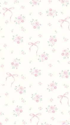 a white background with pink flowers and ribbons