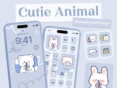 two cell phones with stickers on them next to the same phone screen, and an ad for cute animal