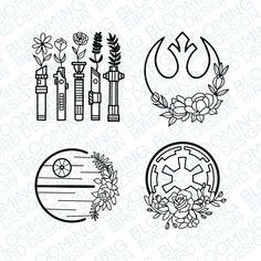 four star wars stencils, each with different symbols and flowers on them in black and white