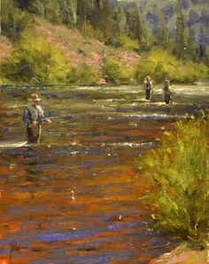 a painting of people wading in a river