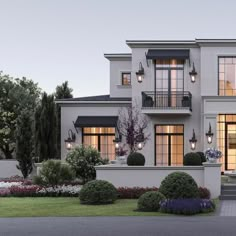 this is an artist's rendering of a two story house with large windows and balconies