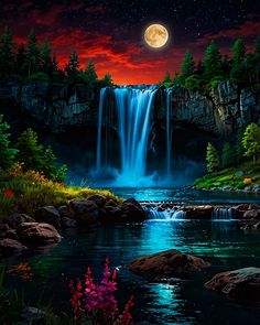 a painting of a waterfall at night with the moon in the sky and flowers on the ground