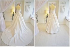 two pictures of a wedding dress on display in front of a mirror with curtains behind it