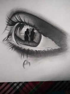 a pencil drawing of an eye with the reflection of two people looking at each other