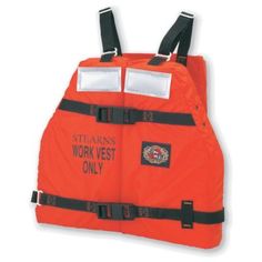 an orange life jacket with reflective patches on the chest and two straps attached to it