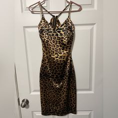 New With Tags Privy Size Small 95% Polyester 5% Spandex Stretchy Silky Material Leopard Print Strappy Back Approximately 38” From Top Of Strap To Bottom. Hits Close To Knee Depending On Height (I’m 5’6) New Condition, But Does Have A Few Tiny Snags (See Photo) Near The Bottom. Leopard Print Knee-length Mini Dress For Party, Knee-length Leopard Print Mini Dress For Party, Mock Neck Bodycon Dress, Embroidered Cocktail Dress, Velvet Sheath Dress, Suede Mini Dress, Pink Party Dresses, Light Pink Dress, One Shoulder Midi Dress