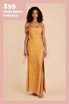 a woman in a yellow dress with the words $ 99 bridesmaid dresses on it