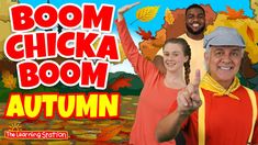 a man and woman standing next to each other in front of an autumn scene with the words boom chicka boom