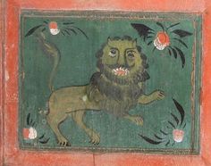 an old painting with a lion on it's back and flowers in the background