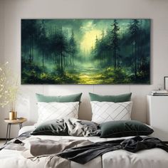 a painting on the wall above a bed in a room with white walls and pillows