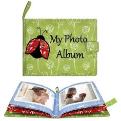 an open book with a ladybug on it and the words, my photo album