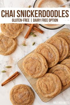 cinnamon sugar cookies on a cutting board with cinnamon sticks next to it and the words chai snickkerdodles gluten - free i dairy free option