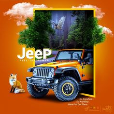 an orange jeep parked in front of a forest with an owl sitting on the ground