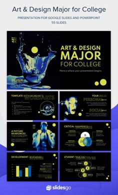 the art and design powerpoint presentation is displayed in blue, yellow and black colors