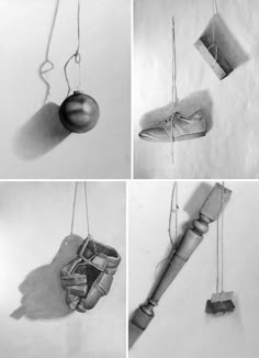 four photographs of different objects hanging from strings