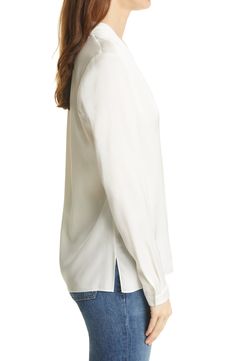 A stretch-kissed silk blouse adds a lustrous layer and an elegant drape to whatever your day (or night) has in store. Style Name:Kobi Halperin Nellie Stretch Silk Blouse. Style Number: 6241719. Elegant V-neck Blouse For Layering, Elegant White Viscose Top, Chic Cream Silk Top, Elegant Cream Silk Blouse, Chic Silk Crepe Top, Elegant Fitted Silk Crepe Tops, White Viscose Formal Tops, Formal White Viscose Tops, Elegant Fitted Blouse For Layering