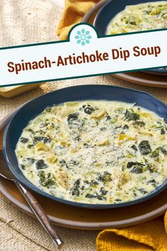 two bowls of spinach artichoke dip soup