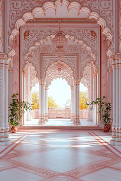 the interior of an ornate building with columns and arches in pink hued tones, surrounded by potted plants