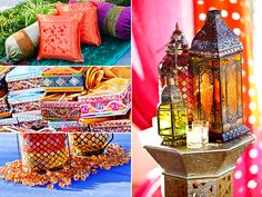 colorful pillows and decorative lanterns are on display