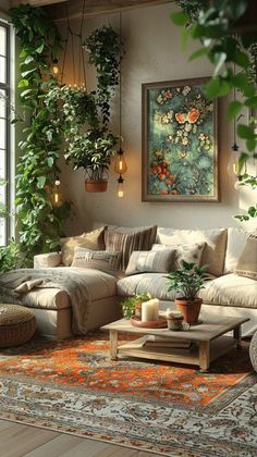 a living room filled with lots of furniture and plants on the wall above it's windows