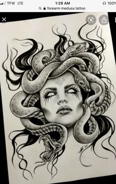 a drawing of a woman with a snake on her head