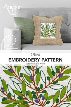 an embroidered pillow with green leaves on it and the words olive embroidery pattern above it