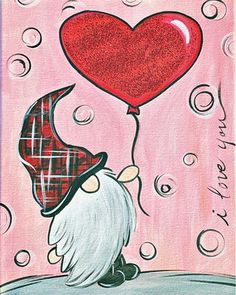 a painting of a gnome holding a heart balloon