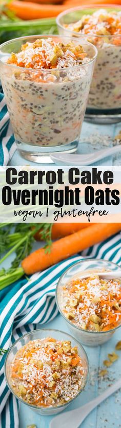 carrot cake overnight oats in glass bowls on a blue and white tablecloth with carrots