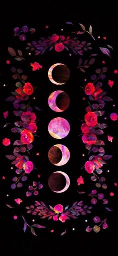 the moon is surrounded by flowers and leaves on a black background with red, pink, purple, and blue colors