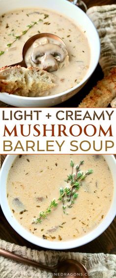 two bowls of creamy mushroom barley soup