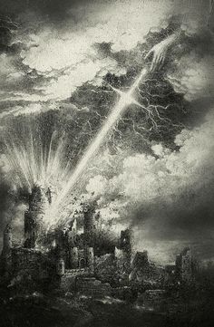 a black and white painting with lightning coming out of it