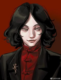 a drawing of a woman with black hair and red shirt, wearing a suit jacket